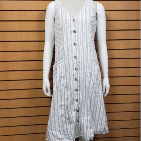 Pure Navy Striped V-Neck Sleeveless Dress Size Medium White And Tan Pockets - Picture 1 of 11